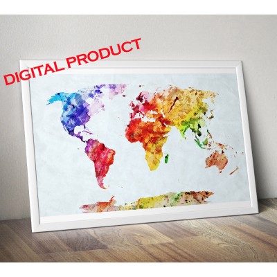 Watercolor World Map Poster Print Wall Picture PRINTABLE Digital Home Decor   152139336439